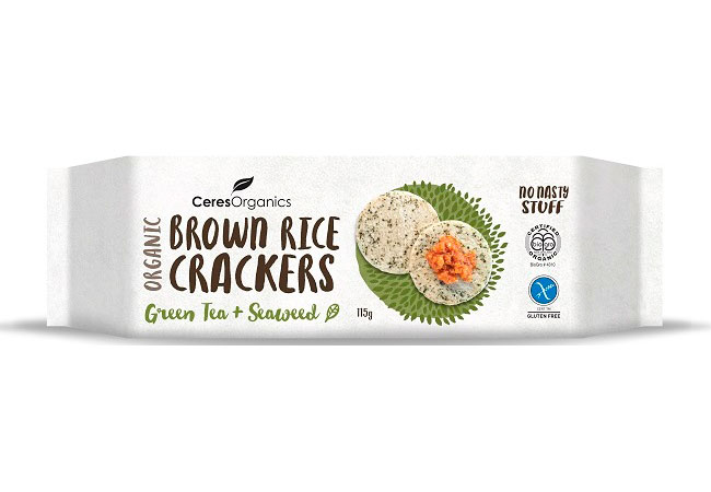 Crackers Rice Brown Green Tea Seaweed Ceres Organic (115g)