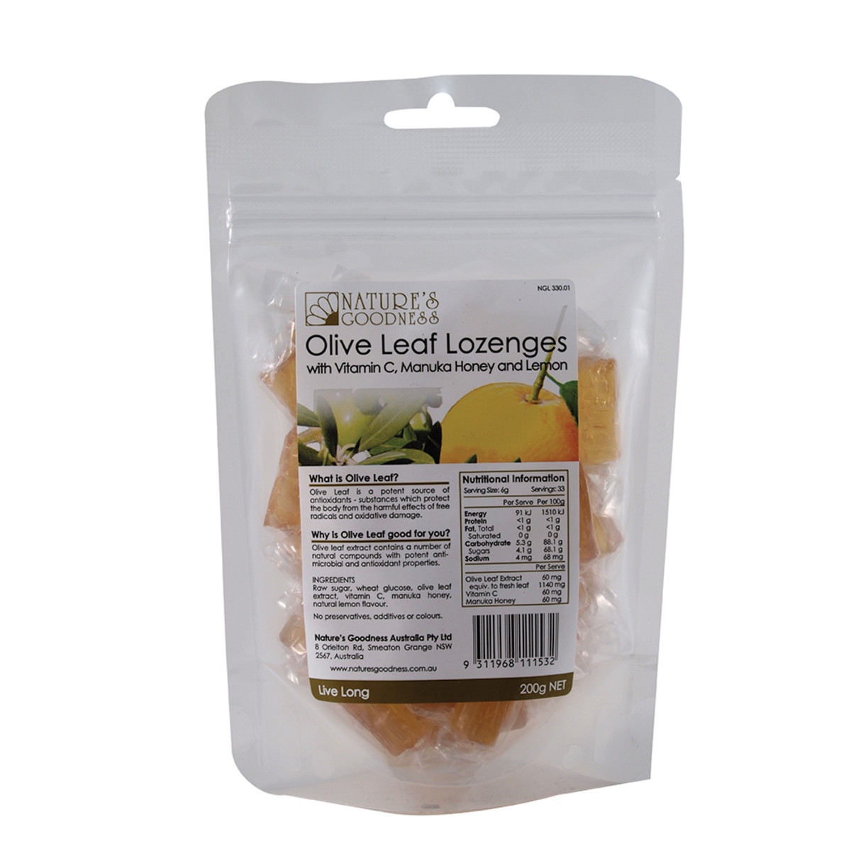 Lozenges Olive Leaf Vit C Manuka Honey Lemon Natures Good (200g)